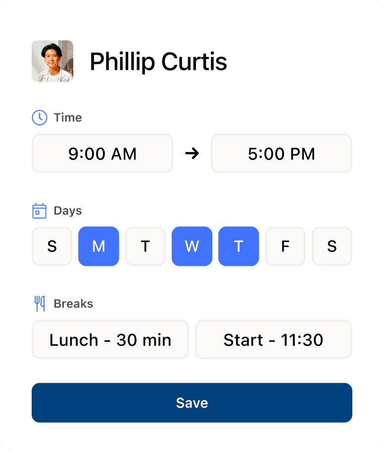 Work schedule interface showing hours and days selected.