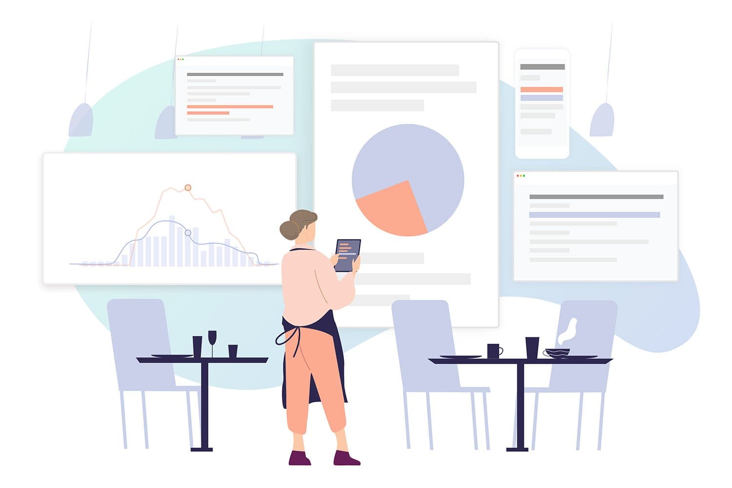 Person analyzing data on screens in a cafe.