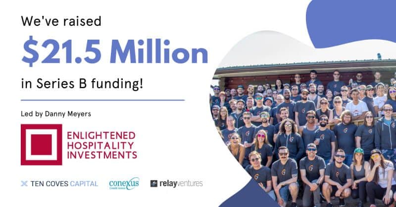 Raised $21.5M Series B funding, team celebration photo.