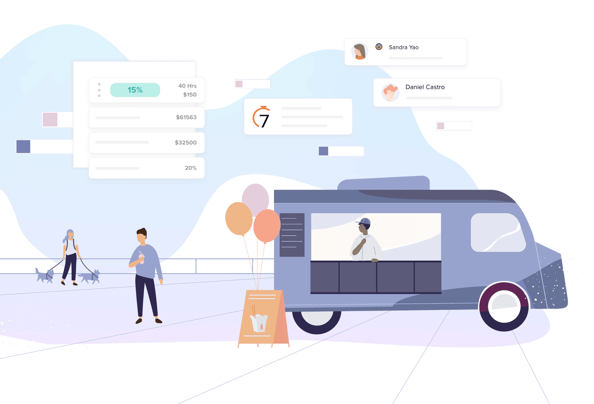 Food truck with digital statistics overlay.