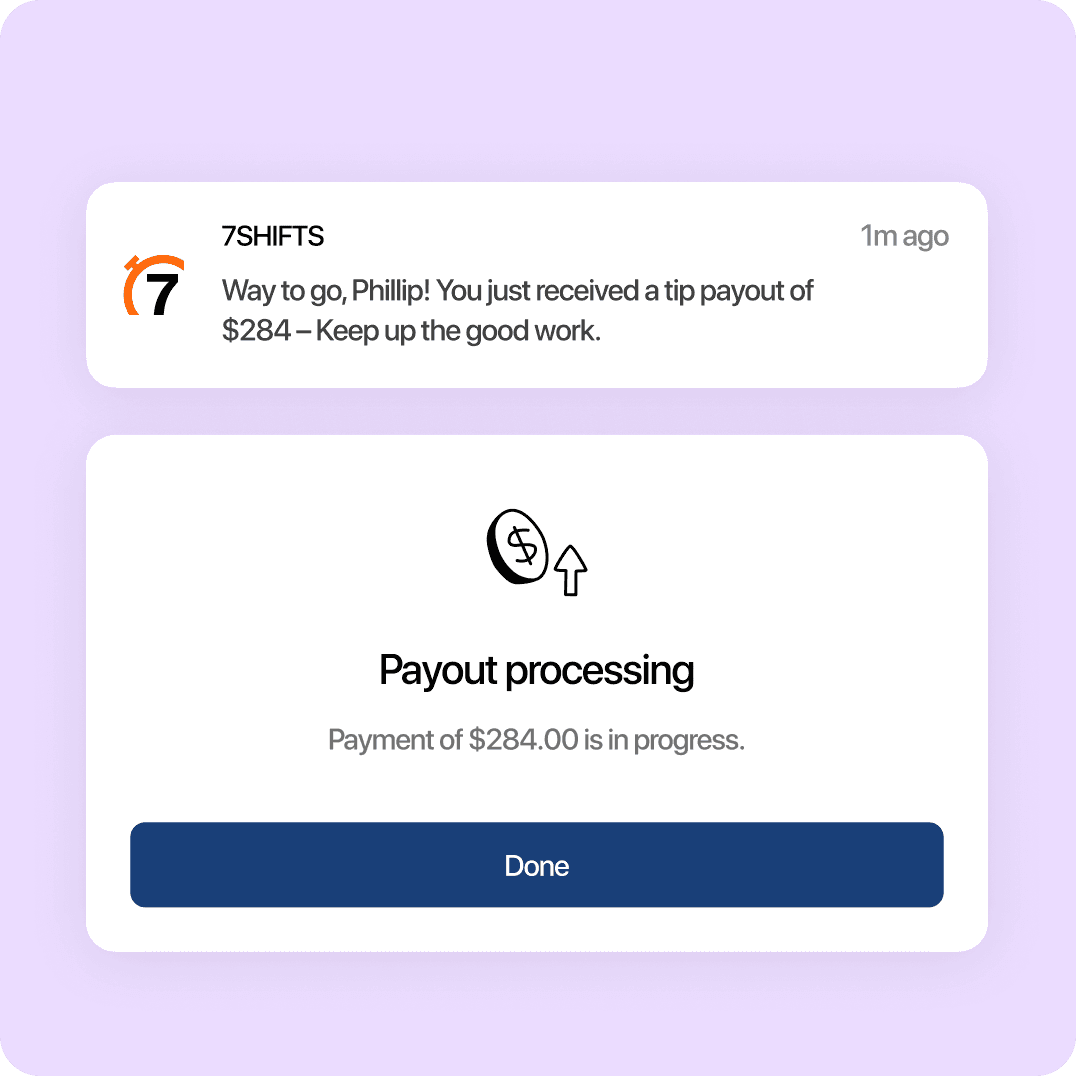 Notification of $284 tip payout processing