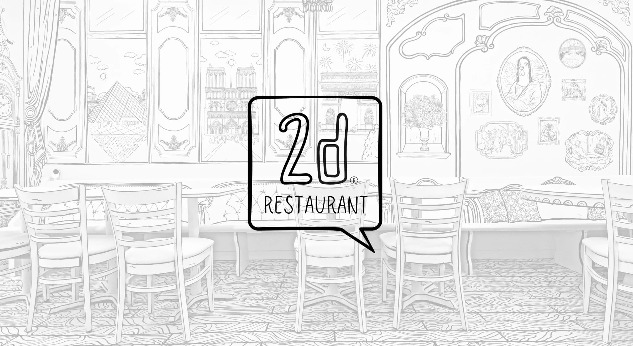 2D themed restaurant interior with line art décor.